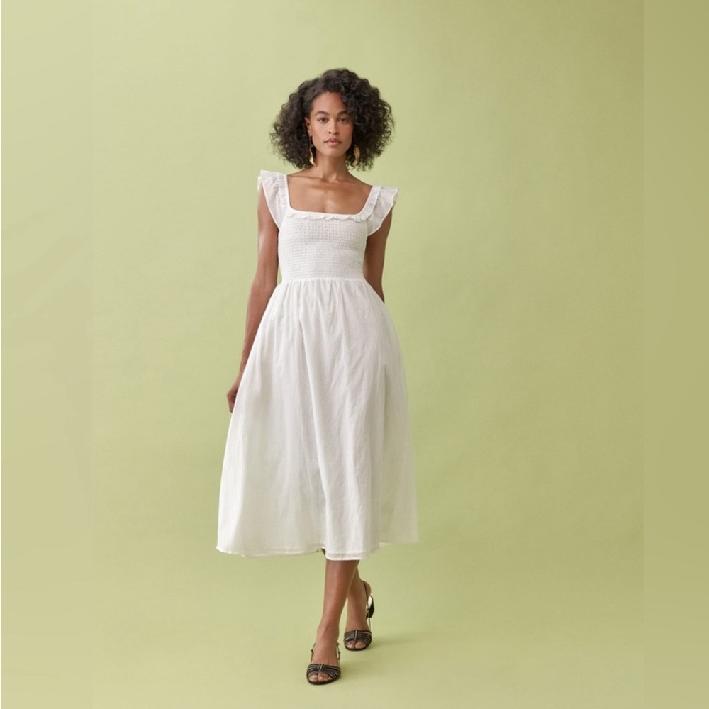Reformation White Midi Dress with Ruffle Shoulders